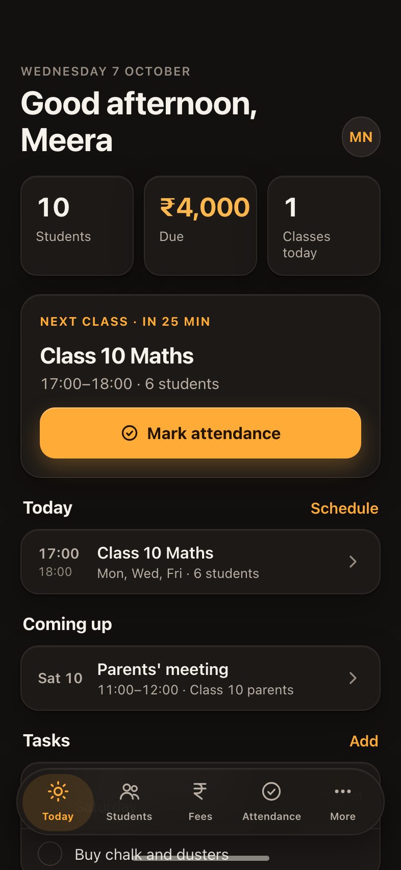 The Today screen of Tutor Central: the next class, who is due, a parents' meeting, tasks.